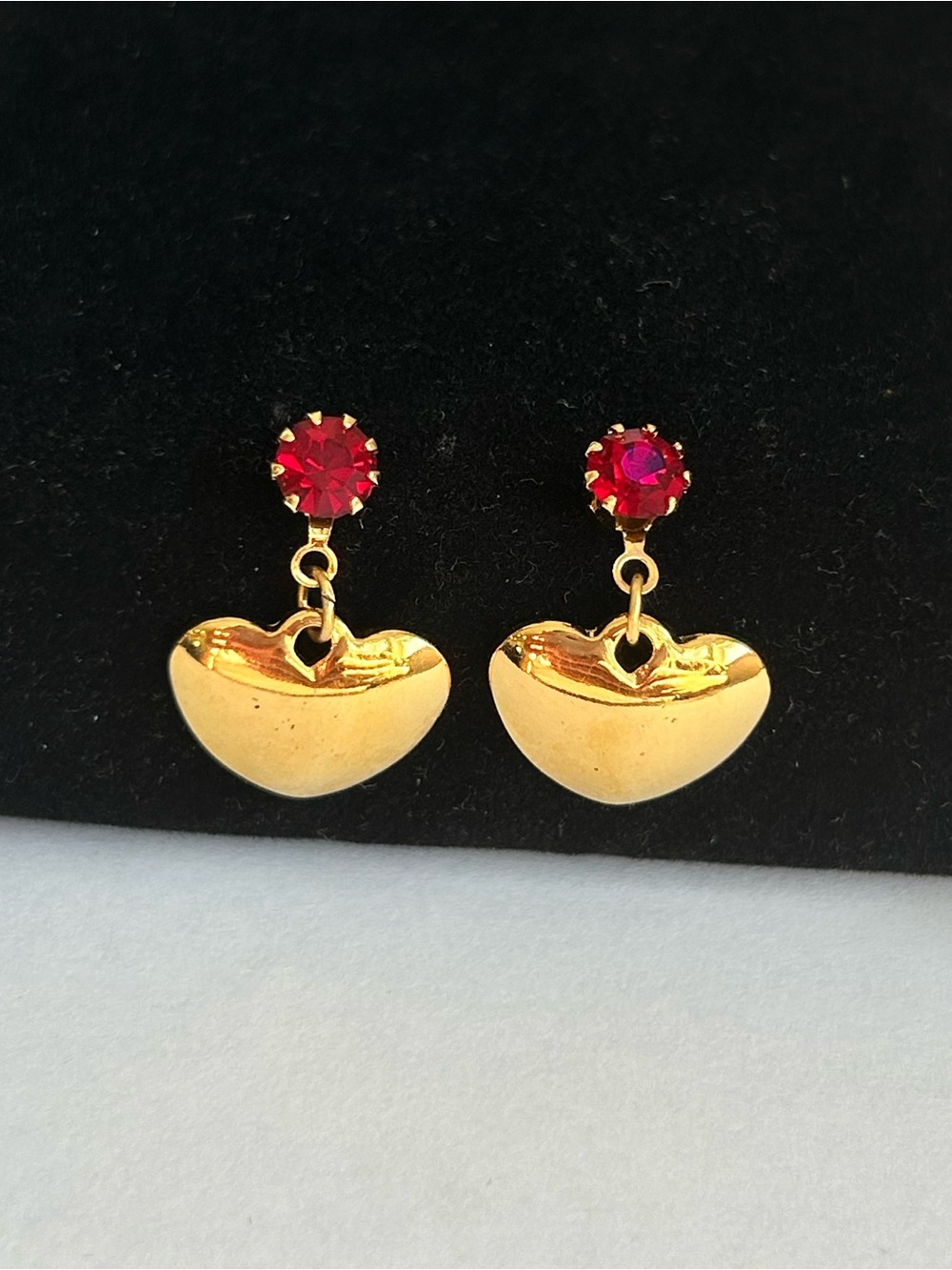 Heart Drop Earrings with Red Crystal Studs